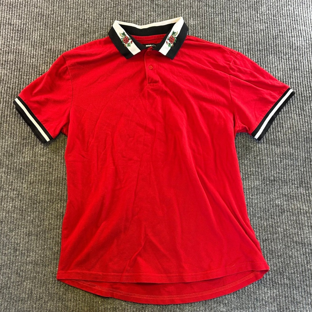 NovaMen Mens Red Polo Shirt Rose Embroidered Collar Striped Trim Size L